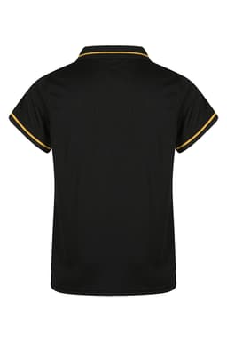 A black polo shirt with yellow trim, featuring a collar and short sleeves. The back view is displayed.