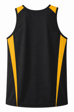 A black men's singlet with yellow side stripes and a logo on the back.