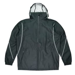 A dark green men's jacket with a hood, featuring white accents and zippered pockets. It has a branded logo.