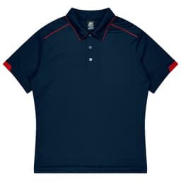 A navy blue polo shirt with red accents and a collar. It features a logo on the chest area.