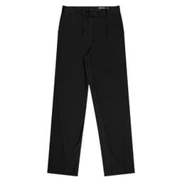 Black pleated men's pants with a waistband and pockets, featuring a logo. Suitable for formal wear.