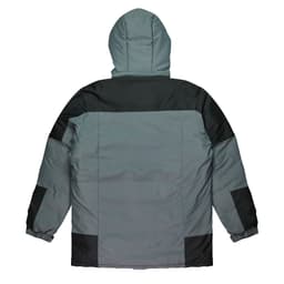 A men's jacket in shades of grey and green, featuring a hood and contrasting panel design on the back.