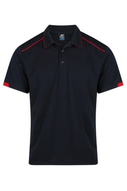 A navy polo shirt featuring red accents and a collar, with a logo on the chest.