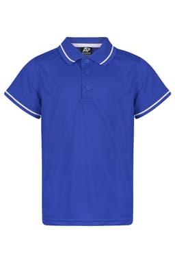 A blue polo shirt featuring a collar and matching trim, designed for kids with a logo on the label.
