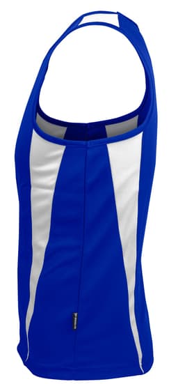 A blue and white singlet with a fitted design and a logo on the side.