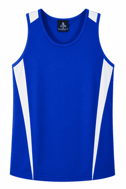 A blue singlet featuring white panel accents and a branding logo on the inside label.