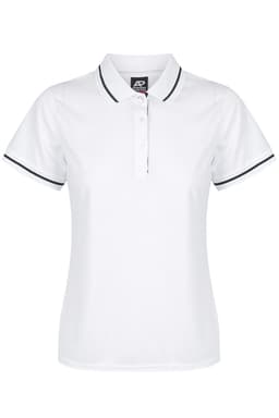 A white polo shirt with a collar and contrasting trim, featuring a logo on the chest.