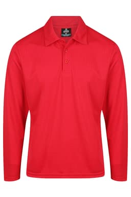 A red long-sleeve polo shirt featuring a three-button placket and a logo.