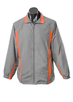A grey tracktop with orange accents and a zip front, featuring a stand-up collar and elastic cuffs.