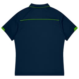 A navy polo shirt with green accents and a logo on the back, designed for sports uniforms.