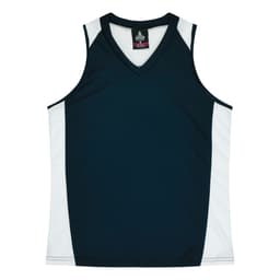 A dark navy singlet with white side panels and a V-neck design. It features a logo.