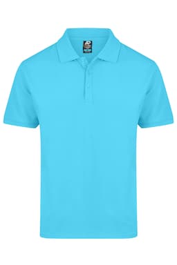 A turquoise polo shirt with a collar, featuring three buttons and a branding label.