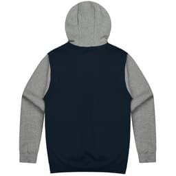 A navy and grey hoodie featuring a kangaroo pocket and a hood, with a simple design and a branding logo.