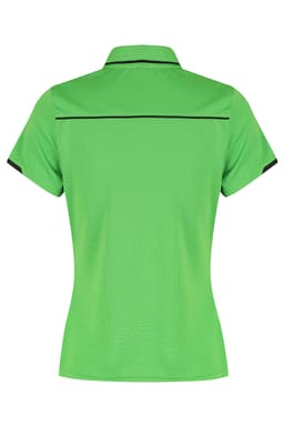A green polo shirt with a fitted design and contrasting black detailing on the sleeves and collar.