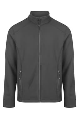 A soft shell jacket in charcoal grey featuring a zip front and two side pockets. It has a logo on the chest.