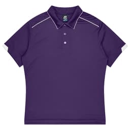 A purple polo shirt featuring a collar and white accents, designed as a sports uniform. It has a branding logo.