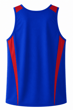 A blue singlet featuring red side panels and a logo on the back. Ideal for casual wear or active use.