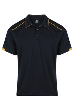 A navy polo shirt with yellow accents on the collar and sleeves, featuring a logo on the chest.