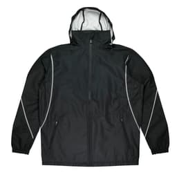 A black jacket with a hood and reflective detailing, featuring two side pockets and an adjustable drawstring hem.