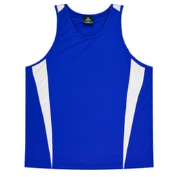 A blue singlet featuring white panels on the sides, with a branding logo on the label.