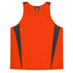 An orange singlet with grey accents, featuring a logo on the neckline. Suitable for kids.