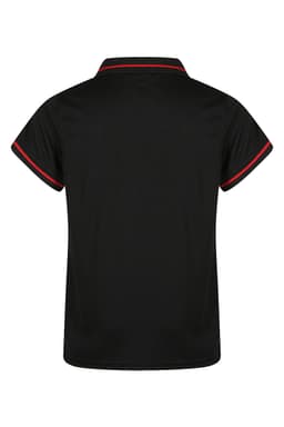 A black polo shirt for kids with red trim on the collar and sleeves; features a logo.
