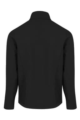 A black soft shell jacket for kids featuring a high collar and long sleeves. It has a logo on the back.