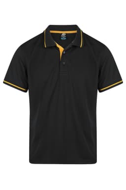 A black polo shirt with yellow accents on the collar and sleeves, featuring a logo on the chest.