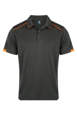 A dark grey polo shirt with orange accents and a logo on the chest. Features a classic collar and short sleeves.