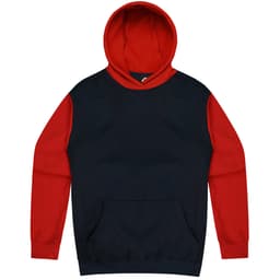 A hoodie featuring a red hood and sleeves with a navy body, complete with a front pocket and logo.