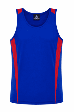 A blue singlet with red side panels and a logo on the chest. Suitable for casual wear or sports activities.