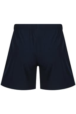 Navy blue sports shorts with an elastic waistband and a minimalist design. Features a logo on the back.