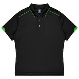 A black polo shirt with green accents and a collar, designed for kids' sports uniforms. It features a logo.
