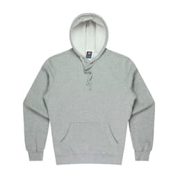 A grey men's hoodie with a front pocket and drawstring hood, featuring a logo on the tag.