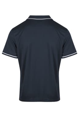 A dark polo shirt featuring two-tone stripes at the collar and sleeves, with a logo on the back.