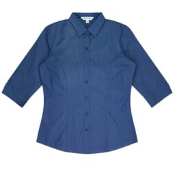 A navy blue button-up shirt with 3/4 sleeves and a fitted design, featuring a logo.