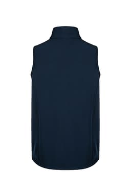 A dark blue kids' vest with a high collar, featuring a logo on the back.