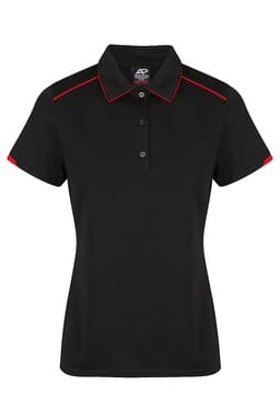 A black polo shirt with red accents and a collar, featuring a logo on the chest.
