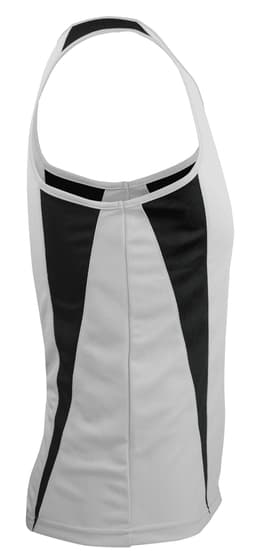A men's singlet in white with black panel designs, featuring a logo on the side.