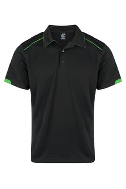 A black polo shirt with green accents and a logo on the chest area. Designed for men's wear.