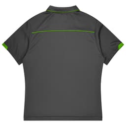 A grey polo shirt with green accents and a logo on the back, designed for sports uniforms.