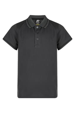 A black polo shirt with a collar and three buttons, featuring a small logo on the label.