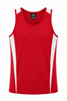 A red singlet with white side panels and a logo on the neckline. Ideal for casual wear or sports.