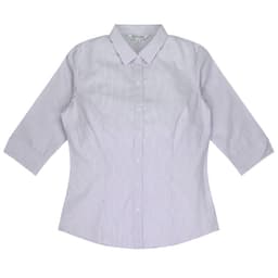 A light striped button-up shirt with 3/4 sleeves and a standard collar, featuring a logo.