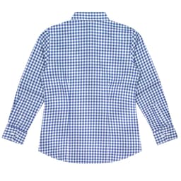 A long-sleeve button-up shirt in blue and white checked pattern, featuring a classic collar and a logo.