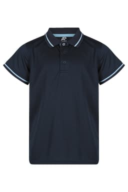 A dark navy polo shirt with light blue accents and a logo on the chest. Short sleeves and a classic collar design.