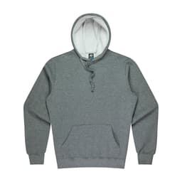 A grey hoodie with a white interior lining and a front pocket. It features a logo on the chest area.