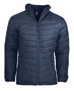 A navy blue men's jacket with a quilted design, featuring a front zip and side pockets. It includes branding.