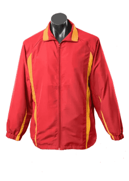 A red track jacket featuring yellow accents, with a front zipper and a logo on the chest.