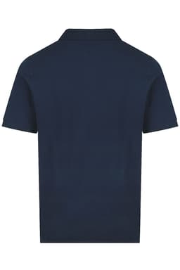 A navy polo shirt with a collar and short sleeves, featuring a branding logo. The back view is shown.